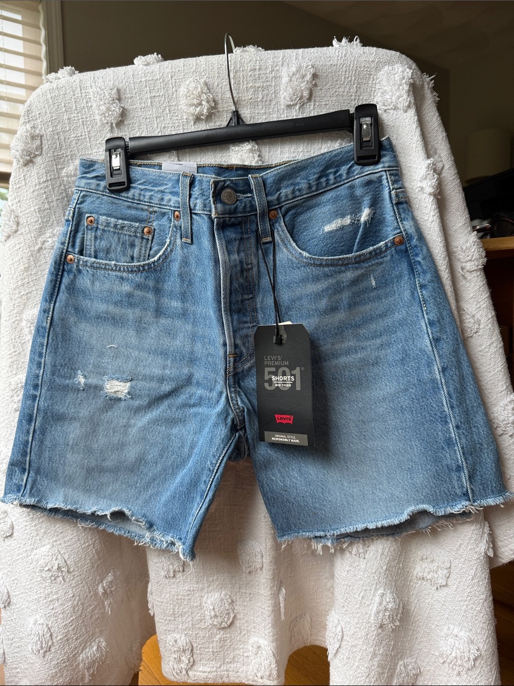 Levi's Light Blue Women’s 501 Mid Thigh Distressed Denim Shorts